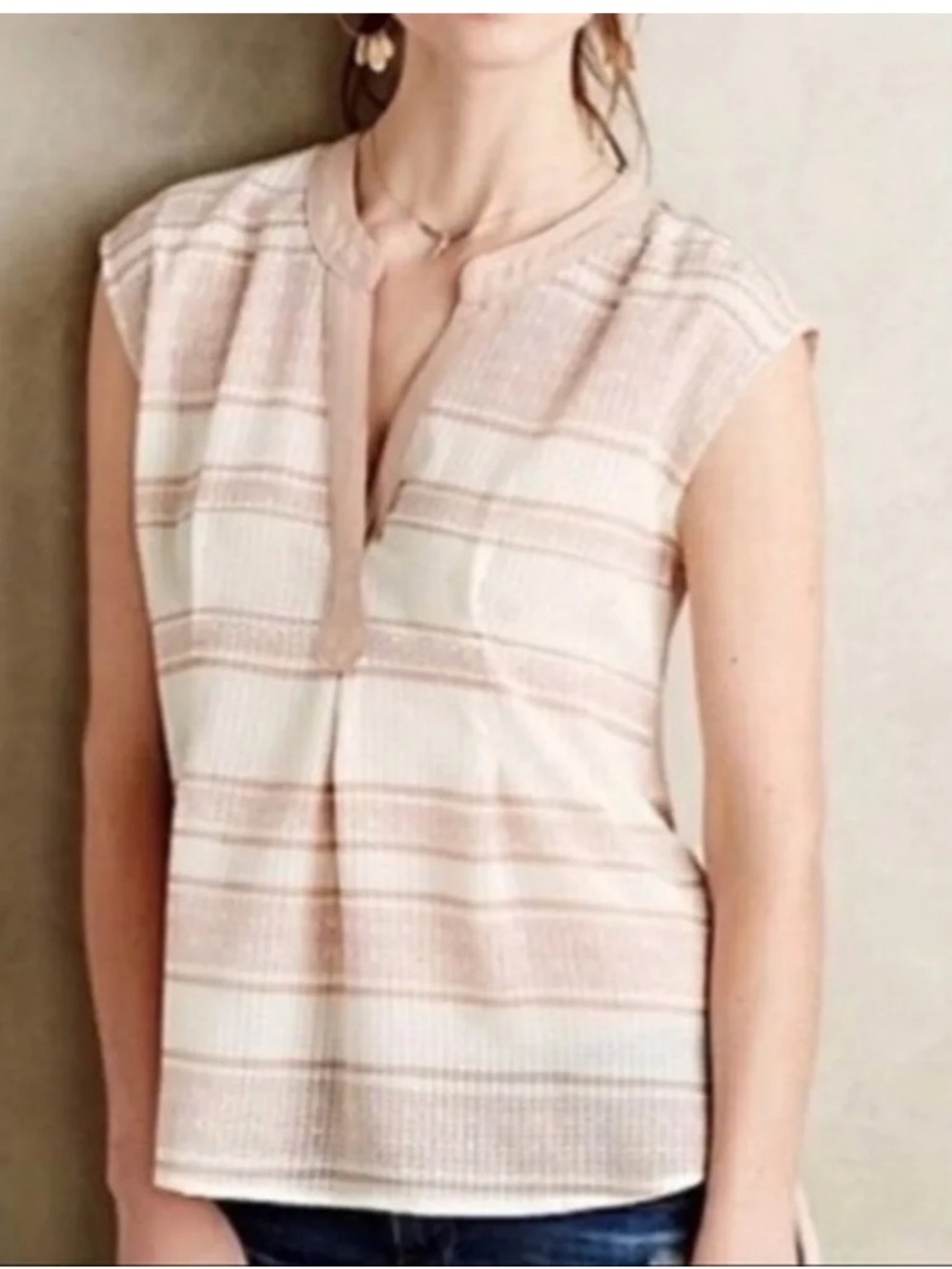 Anthropologie Women's Postmark Tan & White High-Low Hem Sleeveless Top XL NEW